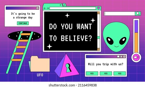 Abstract old aesthetic background. Linear vaporwave retro desktop wallpaper. Modern vintage comic illustrations. Trendy, nostalgic style 80s, 90s. Retro PC windows interface. UFO, Alien, space.