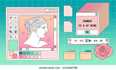 Abstract Old Aesthetic Background. Linear Vaporwave Retro Desktop Wallpaper. Modern Vintage Comics Illustrations. Trendy, Nostalgic, Colorful Style 80s, 90s. Retro PC Windows Interface