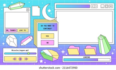 Abstract Old Aesthetic Background. Linear Vaporwave Retro Desktop Wallpaper. Trendy, Nostalgic, Colorful Style 80s, 90s Story Template. Retro PC Windows Interface. Moon, Magic Crystals.