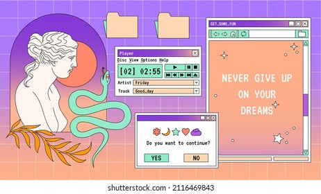 Abstract Old Aesthetic Magic Background. Linear Vaporwave Retro Desktop Wallpaper. Modern Vintage Comics Illustrations. Trendy, Nostalgic, Colorful Style 80s, 90s. Retro PC Windows Interface