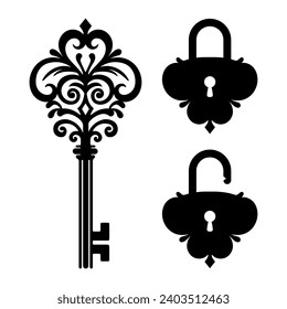 Resumen de la forma de la tecla de la puerta antigua Icono de vector blanco y negro. Plantilla de logotipo o símbolo. Aislado sobre fondo blanco.