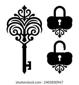Abstract Old Door Key Shape Black and White Vector Icon. Logo or symbol template. Isolated on white background.