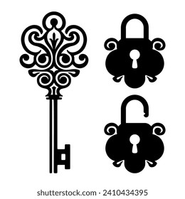 Abstract Old Door Key Shape Black and White Vector Icon. Logo or symbol template. Isolated on white background.