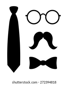 Abstract old fashioned hipster style set tie, bow tie, round eye glasses and mustaches. black silhouette simple graphic design, vector art image illustration, isolated on white background