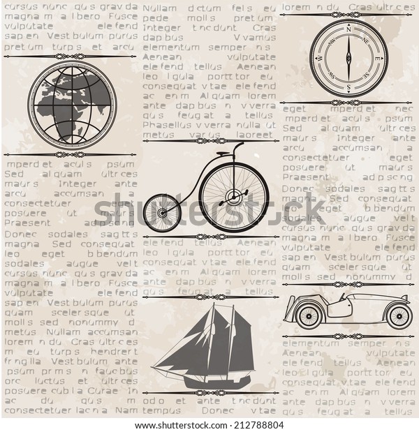 Abstract old grunge\
vintage newspaper with old car, globe, compass, ship, bike,\
seamless vintage\
background.