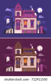 Abstract old haunted house scene with victorian ghost mansion entrance, cemetery, spooks by scary night. Horror story or scary tale concept vector illustration banner. Dark background in flat design.