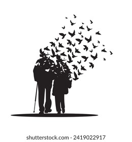 Abstract old man and woman silhouette with different thoughts and flying birds isolated on white background