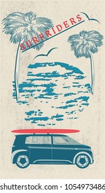 Abstract old, shabby background with grunge element, palms, car - inscription - Surfriders - art vector. Travel Poster.