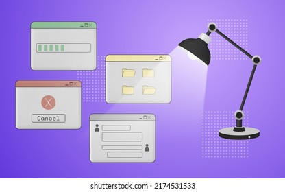 Resumen del fondo de estilo antiguo con interfaz de computadora retro y carpetas iluminadas por una lámpara de mesa.