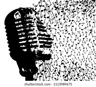 Abstract old style microphone disintigrating into musical notes over a white background