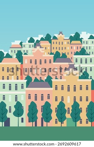Abstract old town on hillside poster - geometric flat design colorful buildings with trees vector illustration in pastel colors with European architecture style