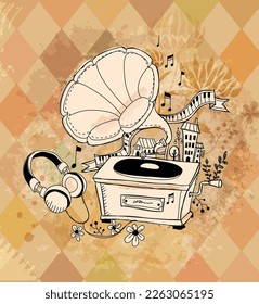 abstract old tradition gramophone retro vintage classical music player box headphone lifestyle mix and match design graphic vector for any use