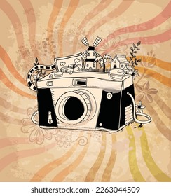 abstract old tradition retro vintage camera windmill farm car lifestyle mix and match design graphic vector for any use