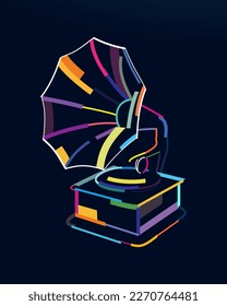 Abstract old vintage gramophone in retro style from multicolored paints. Colored drawing. Vector illustration of paints