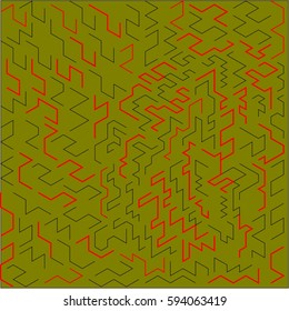 Abstract olive background black and red curves lines and zigzags and figures placed around the drawing
