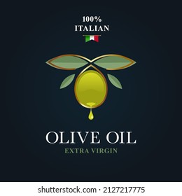 Abstract olive with a drop of oil and leaves, dark background. The concept of an emblem or label for the production of canned and virgin oils 