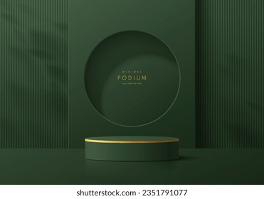 Abstract olive green 3D cylinder pedestal podium background with leaf shadow and round window. Mockup product display presentation. Minimal scene. Stage showcase. Platforms vector geometric design.