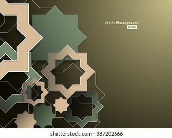 Abstract olive green background with 3D Islamic geometric elements