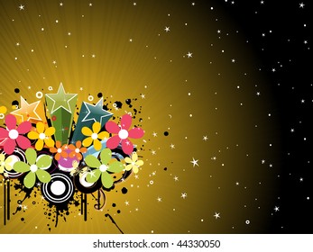 abstract olive green rays, twinkle star background with colorful blossom, star