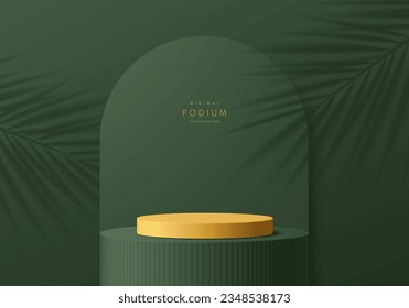 Abstract olive green and yellow 3D cylinder stand podium with palm leaf shadow background scene. Minimal mockup or product display presentation, Stage for showcase. Platforms vector geometric design.