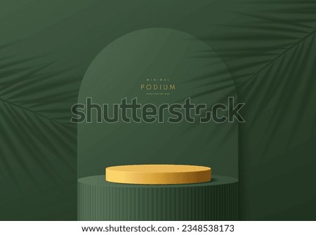 Abstract olive green and yellow 3D cylinder stand podium with palm leaf shadow background scene. Minimal mockup or product display presentation, Stage for showcase. Platforms vector geometric design.