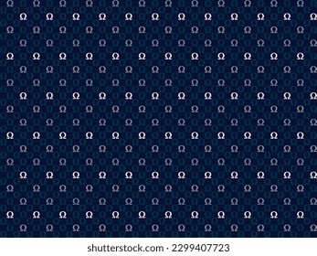 Abstract omega symbol seamless pattern. Gray, blue n light pink element on navy blue background. For male masculine cloth ladies dress silk scarf fabric apparel textile garment cover pants skirt hat