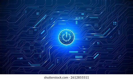 Abstract ON power button in the center of futuristic circuit board with light glowing wires on technology background. Blue digital tech bg. AI innovation concept. Vector illustration.