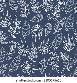 Abstract on a texture. Fabric design. vector wallpaper seamless pattern with leaves in navy background. Floral repeating background. Endless print 