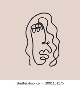 Abstract One Continuous Line Face. Modern Art. Cubism Human Face. Trendy Design For Canvas Poster, Home Decor. Picasso Style Drawing. Minimalism Linear Background. 