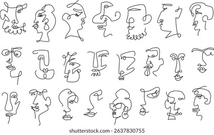 abstract one continuous line male and female funky faces, outline people odd portraits, isolated vector illustration design graphic collection