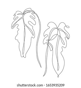 Abstract one line art elephant ears leaves  Tropical leaves set isolated white background  Continuous line drawing for trendy modern design  Vector foliage illustration in minimal style