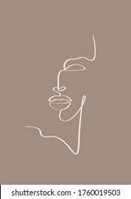 Abstract one line art face shape. Boho woman print. Contemporary female portrait in pastel color. Young girl hand drawn character. Minimalist vector abstract illustration. Modern contour line artwork.