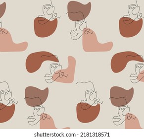 Abstract one line art face seamless pattern background. Hand drawn illustration and shapes in neutral colours for textiles, wrapping paper, fabric, packaging. Modern texture, wallpapers, ornament