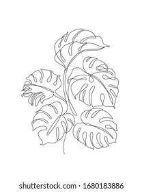 Abstract one line art leaf. Monstera contour drawing. Minimal art leaves isolated on white backgroud. Modern black and white botanical illustration. Elegant continuous line lush foliage drawing