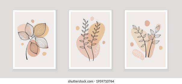 Abstract one line art leaf. Botanical prints boho vector set for wall art . Bohemian style with line art foliage. Minimalist abstract plant branch art boho design for cover, poster, wallpaper.