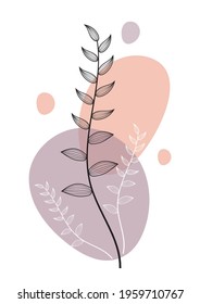 Abstract one line art leaf. Botanical prints boho vector wall art trendy picture. Bohemian style with line art foliage. Minimalist abstract plant branch art boho design for cover, poster, wallpaper.