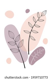 Abstract one line art leaf. Botanical prints boho vector wall art trendy picture. Bohemian style with line art foliage. Minimalist abstract plant branch art boho design for cover, poster, wallpaper.