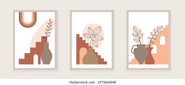 Abstract one line art leaf. Botanical prints boho vector set for wall art . Bohemian style with line art foliage. Minimalist abstract plant branch art boho Tunisian, Algerian trendy abstract print.
