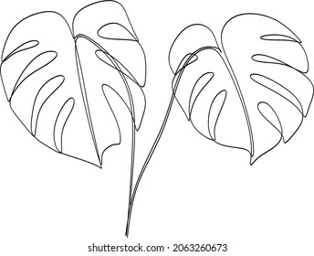 Abstract one line art leaf. Monstera contour drawing. Minimal art leaves isolated on white backgroud. Modern black and white illustration. Elegant continuous line drawing