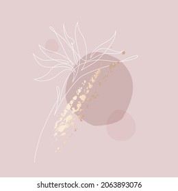 Abstract one line art tropical flower. Strelitzia contour drawing. Minimal continuous line art flower on geometric shapes, paint splatters, drips backgroud in pink rose blush colors. Vector art