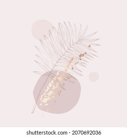Abstract one line art tropical leaf. Fan palm leaf contour drawing. Minimal continuous line art palm leaf on geometric shapes, paint splatters, drips backgroud in pink rose blush colors. Vector art