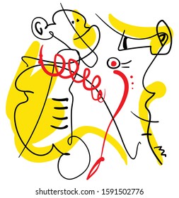 abstract one line contemporary composition, black, yellow and red, surreal minimalistic outline person with monkey and sea horse