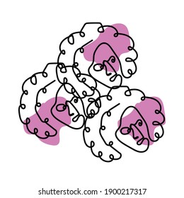 Abstract one line continuous 3 faces. Contemporary drawing in modern cubism style. Stylized portrait of a woman faces. Purple shapes