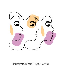 Abstract one line continuous 3 faces. Contemporary drawing in modern cubism style. Stylized portrait of a woman faces. Purple and orange shapes