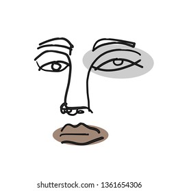 Abstract one line continuous face. Contemporary drawing in modern cubism style. Portrait of a woman face isolated on white background. 