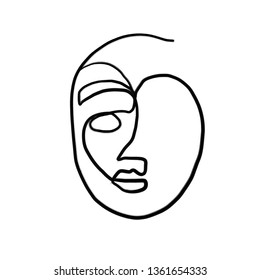 Abstract one line continuous face. Contemporary drawing in modern cubism style. Portrait of a woman face isolated on white background. 