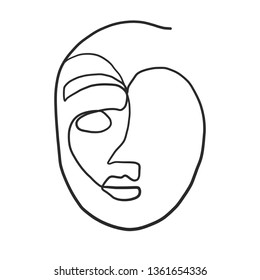 Abstract one line continuous face. Contemporary drawing in modern cubism style. Portrait of a woman face isolated on white background. 