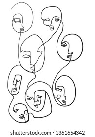 Resumen de una línea de cara continua. Dibujo contemporáneo al estilo cubista moderno. Retrato de una mujer aislada de fondo blanco.