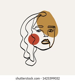 Abstract one line continuous face. Contemporary drawing in modern cubism style. Portrait of a woman face isolated on white background.