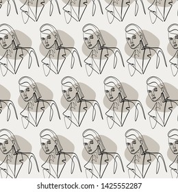	
Abstract one line continuous face. Contemporary drawing in modern cubism style. Portrait of a woman face isolated on white background. 